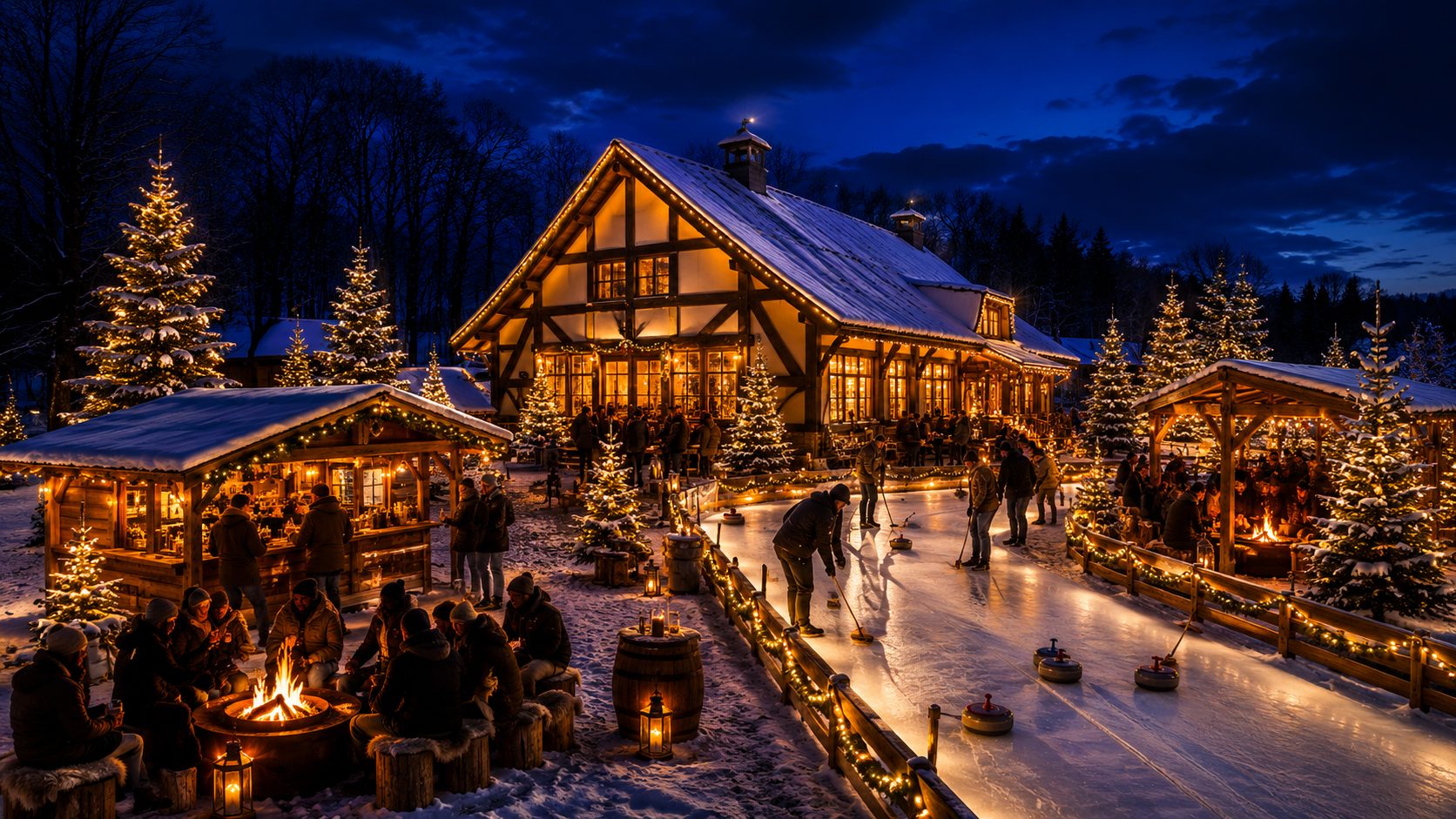 Beleuchtetes Winterdorf am Abend mit Holzhütten, Feuerstelle und Eisstockbahn