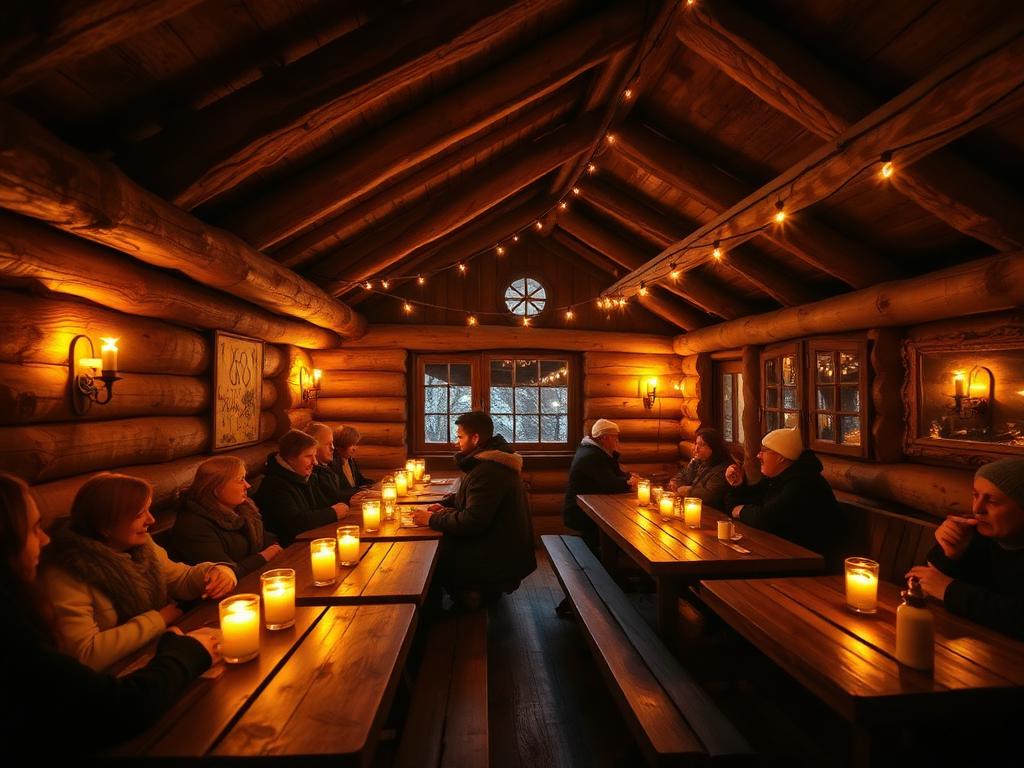 Beheizte Almhütte mit Holztischen und warmem Kerzenlicht