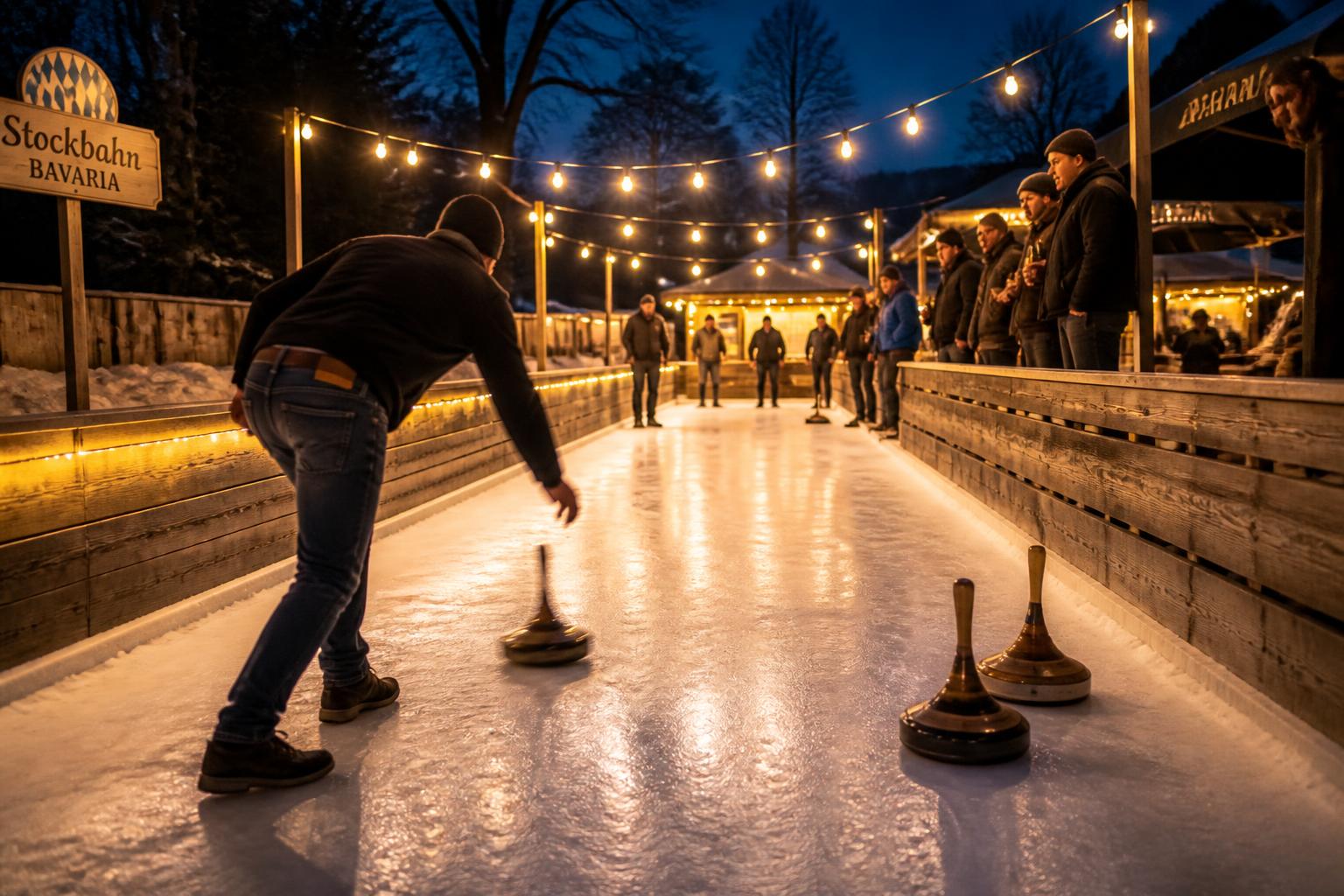 Beleuchtete Eisstockbahn am Abend