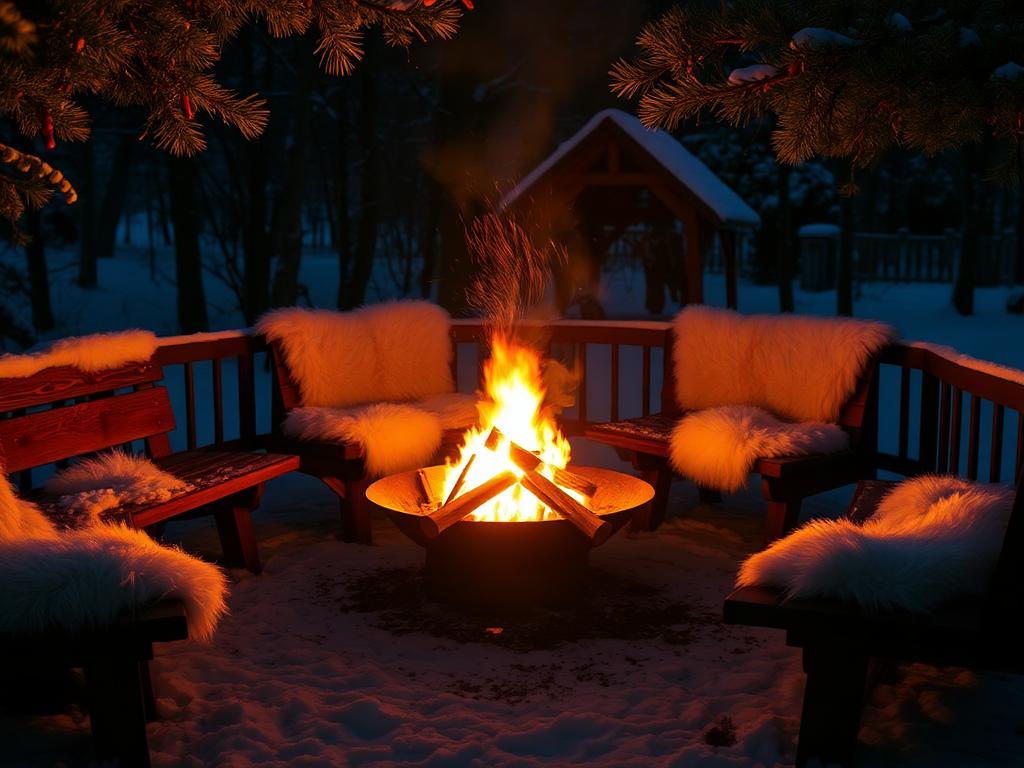 Festlich gedeckter Tisch am Feuer im Winterdorf