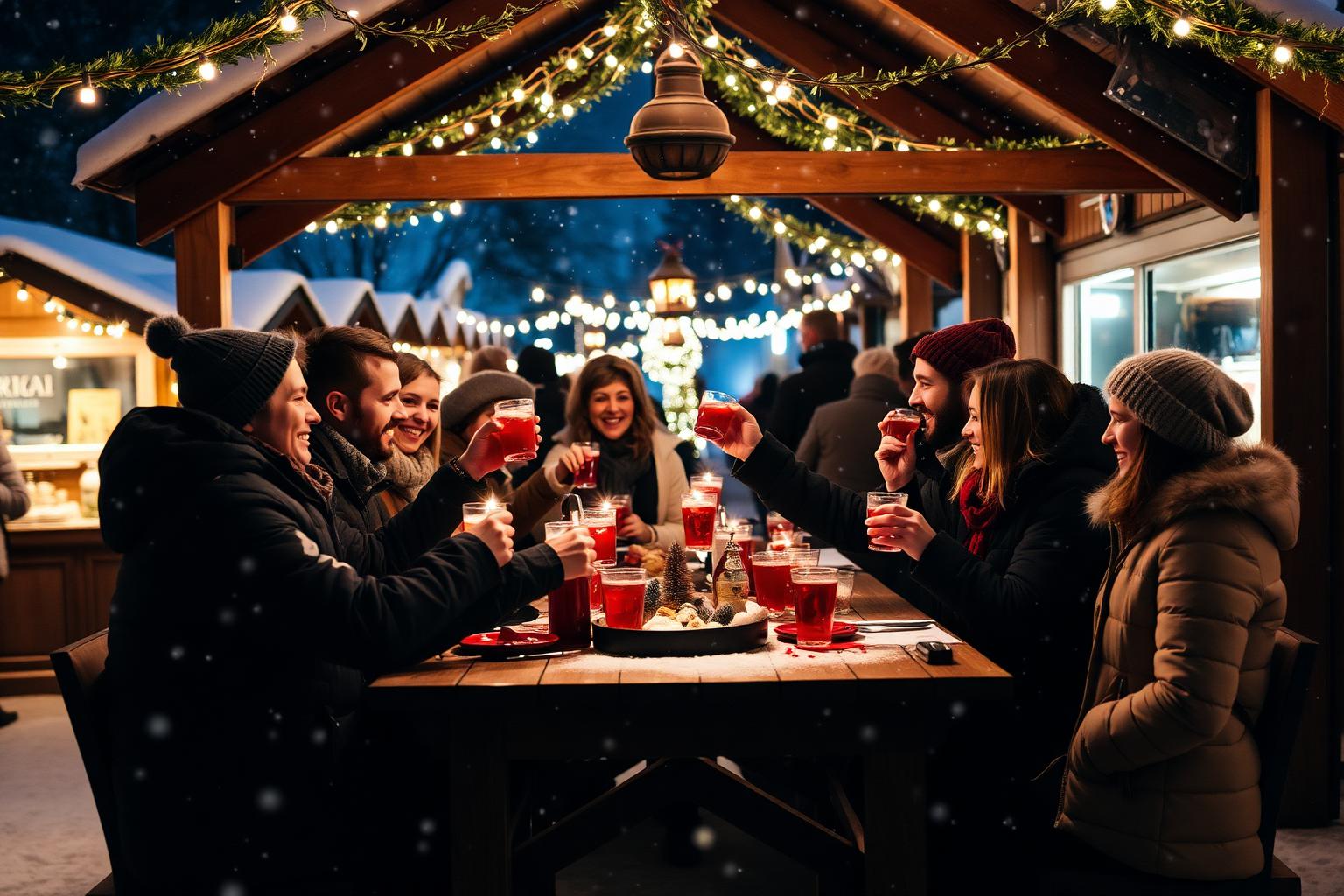Gruppe feiert gemeinsam an einer Hütte im Winterdorf